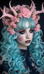 Naklejka premium woman with blue hair and pink horns. Generative AI image.