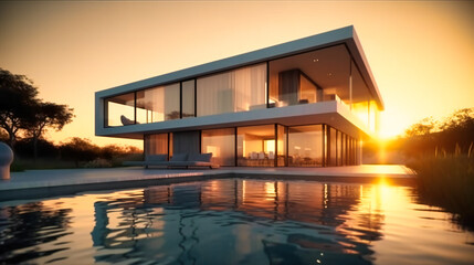 A modern house villa at sunset with pool which coverd by the glass