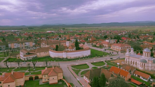 Drone footage of the medieval fortified church located in Prejmer, Brasov county, Romania. The video was shoot from a drone while flying forward towards the fort with camera level for a panoramic view
