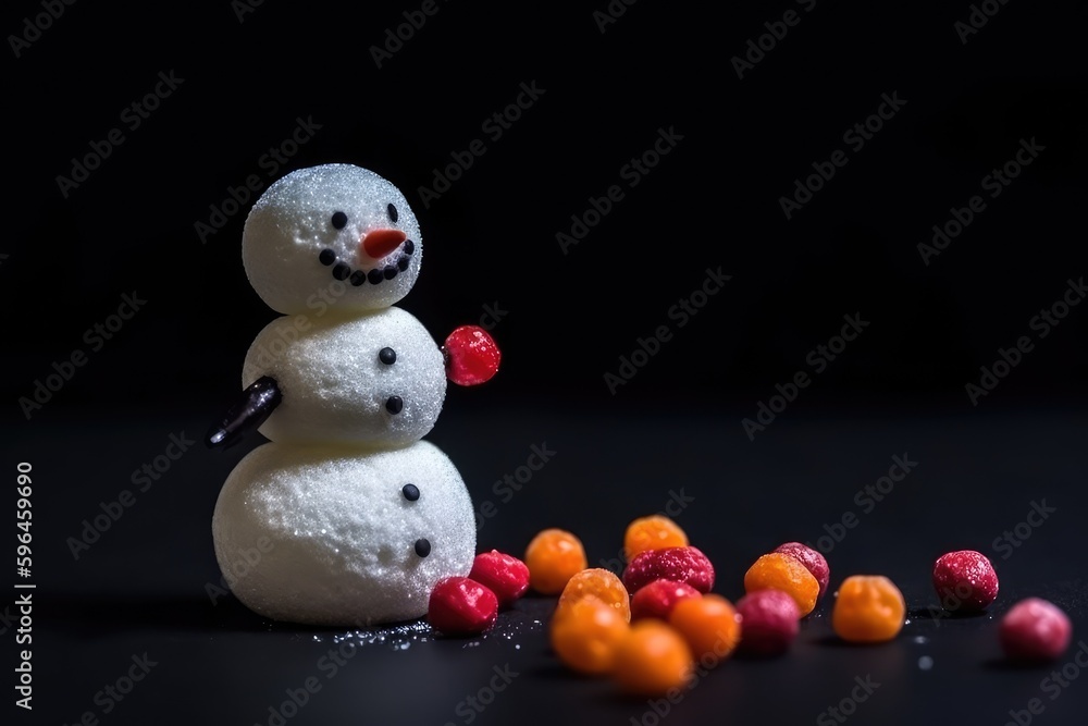 Poster festive snowman made out of colorful fruit and candy. Generative AI