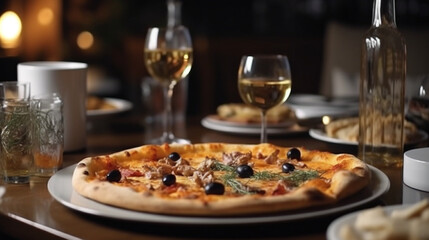pizza on the table in modern expensive restau , Generative AI
