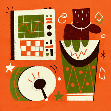 Mid-Century Geometric Illustration of Drums with Bold Colors and Transparent Shapes in Black, Red, Green, and White