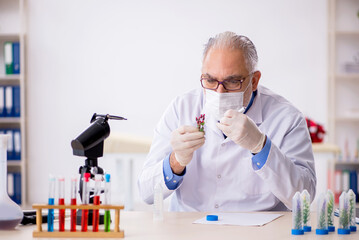 Old male chemist in drugs synthesis concept