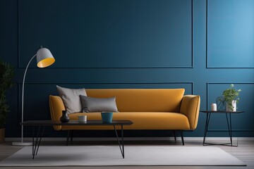 cozy living room with blue walls and a yellow couch. Generative AI