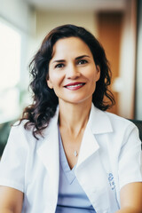 Hispanic female doctor, 40s, in clinic waiting room, beaming smile, exuding compassion in her white coat, displays care and empathy, heartwarming portrait. Generative AI