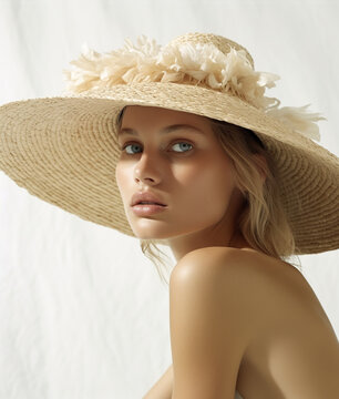 Beautiful young fresh woman wearing straw summer hat. AI generated image.	