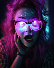 portrait of a girl with glasses in bright neon lights. Generative AI image.