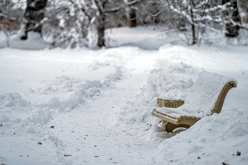 park bench covered with snow in winter. bench covered with snow. park after snowfall