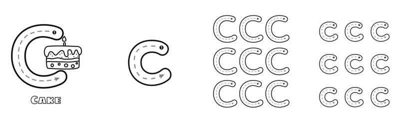 Letter C trace uppercase and lowercase ABC alphabet worksheet for kids English vocabulary. Handwriting tracing practice vector illustration