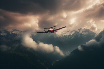 Fototapeta na wymiar Crimson plane soars above mountains amidst woody clouds. Generative AI