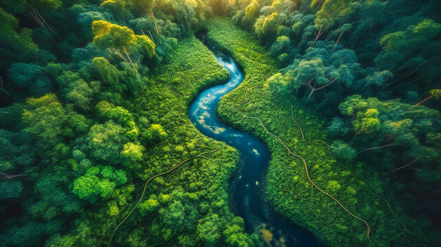 An aerial shot of the amazon rainforest showing a river through the jungle