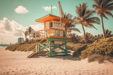 Fototapeta premium Vintage Miami beach poster, featuring coast, palm trees, lifeguard station, and ocean. Illustration has retro aesthetic. Generative AI