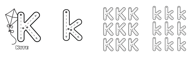 Letter K trace uppercase and lowercase ABC alphabet worksheet for kids English vocabulary. Handwriting tracing practice vector illustration © YoPixArt