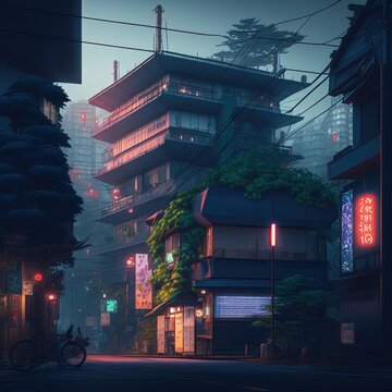 A stunning harajuku with dim lighting, early morning fog and a bioluminescent street during twilight golden hour
