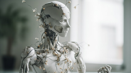 Porcelain and hammered matt silver android marionette showing cracked inner working, tiny white flowers growing from within, led lights within all white sterile minimal empty room