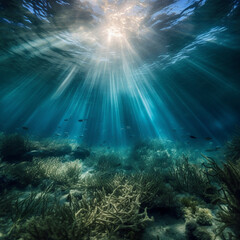 Fototapeta na wymiar underwater scene with rays of light, created with generative AI technology