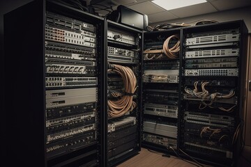 Room housing computer networking equipment for data management. Generative AI