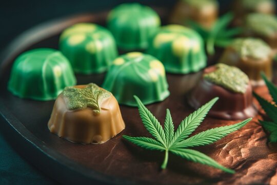 Cannabis infused sweets with a marijuana leaf design. Medical weed. Generative AI