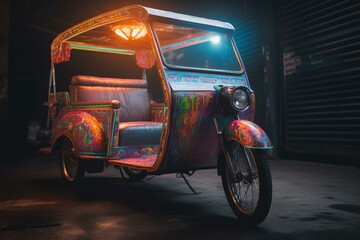 Brightly painted motorized rickshaw. Generative AI