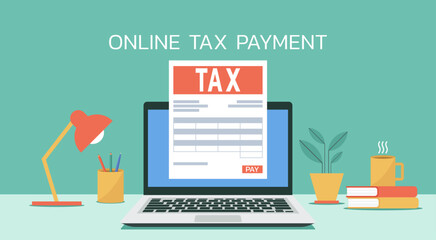 online tax payment concept on laptop with electronic receipt or invoice paper document, vector flat illustration