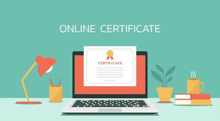 Certificate on laptop screen for for e-learning course, webinar and online education concept on top of office desk, vector flat illustration - obrazy, fototapety, plakaty