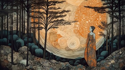 Painting of woman in the forest
