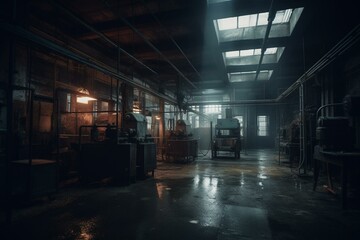 Fototapeta na wymiar An empty, spooky factory with ominous lighting. Illustrated. Generative AI