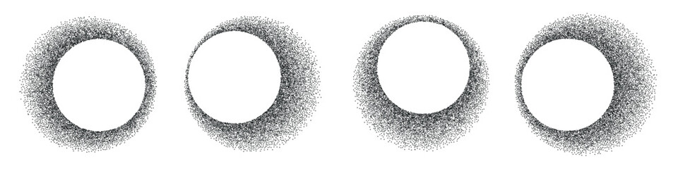Circles with noise texture set. Stipple shadows .Grain gradient in figures collection. Flat Vector isolated illustration
