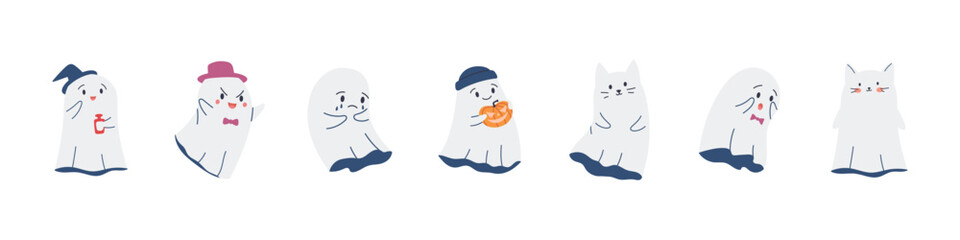 Cute funny ghosts collection.Set of cute spooky characters for Halloween. Flying cartoon phantoms. Flat Vector isolated illustration
