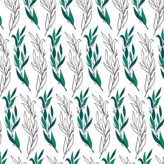 Obraz premium Seamless floral pattern with twigs. Botanical background, repeating prints. Blooming herbs texture design for your design. Hand drawn vector illustration