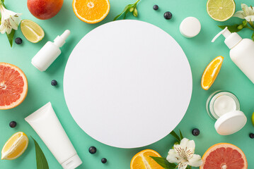 Luxurious summer skincare concept. Top view flat lay of mock up cream bottles, jars, serum, pipette with colorful citrus fruit slices, flowers on a stylish elegant teal background with an empty circle