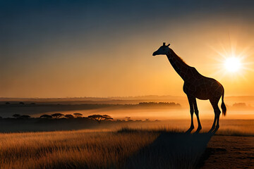 An image of a sunset over the African savannah with a silhouette of a giraffe