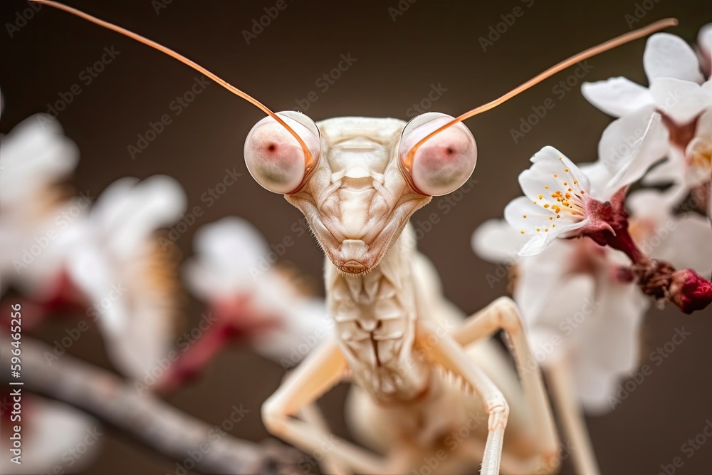 Poster praying mantis perched on a branch in close-up view. generative ai