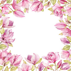 Obraz na płótnie Canvas Watercolor pink magnolia square frame. Spring beautiful flowers. Floral template