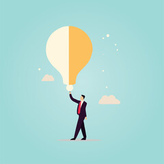 creative man holding lightbulb balloon, vector illustration