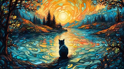 illustration of a cat on the shore of a lake looking at the sky