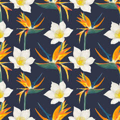 Tropical seamless pattern with hand painted gouache illustration Bird of paradise plant Colorful summer digital paper Repeat pattern, surface design, textile and paper products, scrapbooking. 