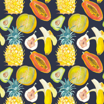 Tropical seamless pattern with hand painted gouache illustration Fruits Colorful summer digital paper Repeat pattern, surface design, textile and paper products, scrapbooking. 