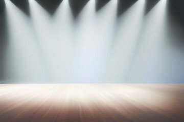 Obraz premium Stage illuminated lights with spotlight. Stage show empty scene, light rays and smoke. Grey showcase for product display