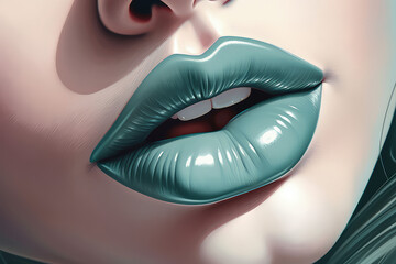 close up beautiful sexy lips, moist and glossy, pin up girl in bright make-up, smooth, generative ai