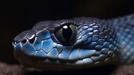 Fototapeta premium Blue viper snake closeup face, Generative Ai