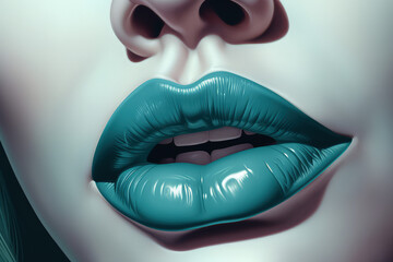 close up beautiful sexy lips, moist and glossy, pin up girl in bright make-up, smooth, generative ai