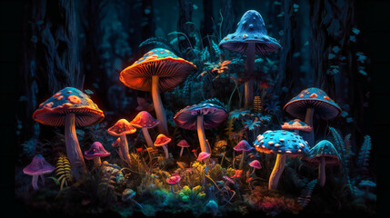 Fototapeta na wymiar Colorful mushrooms on a dark background