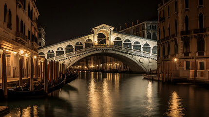 Fototapeta na wymiar Le pont du rialto et gondole de nuit, Generative Ai