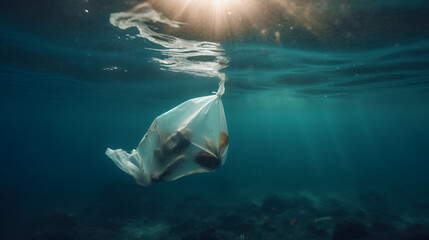 Plastic carrier bags and other garbage pollution in ocean, Generative Ai