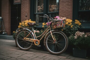 Fototapeta na wymiar A flowery bike in front of brick building with brick sidewalks. Generative AI