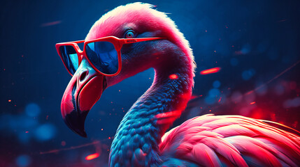 The pink flamingo has sunglasses on its face and is wearing colored sunglasses