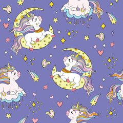 Seamless pattern with lovely unicorns on the moon vector