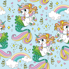 Seamless pattern with lovely sea unicorns mermaids vector