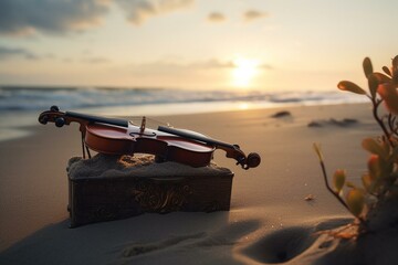 Naklejka na ściany i meble Enchanted fiddle on the beach. Generative AI